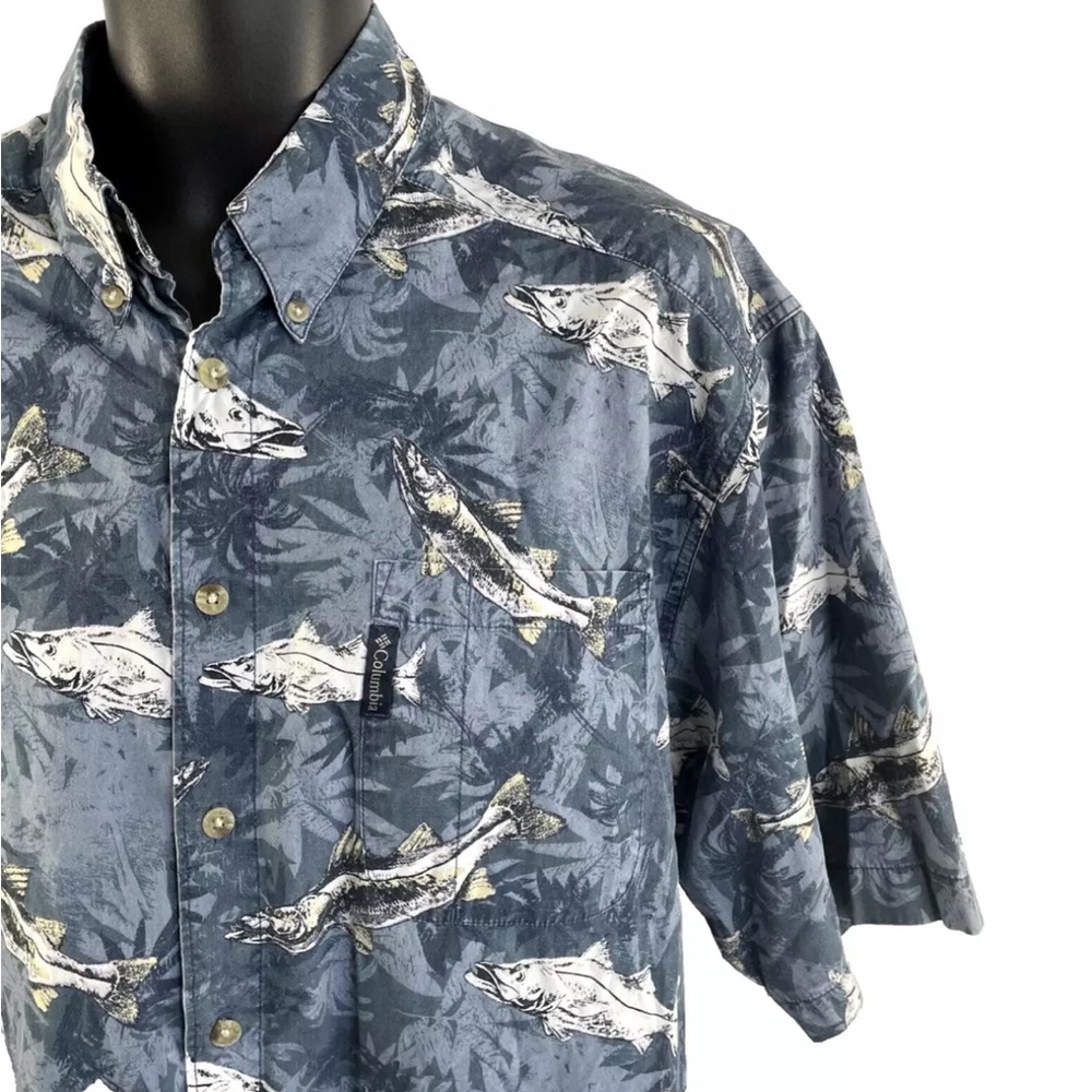 Mens Columbia Fishing Short Sleeve Fish Print Button Up Shirt Sz M Cotton